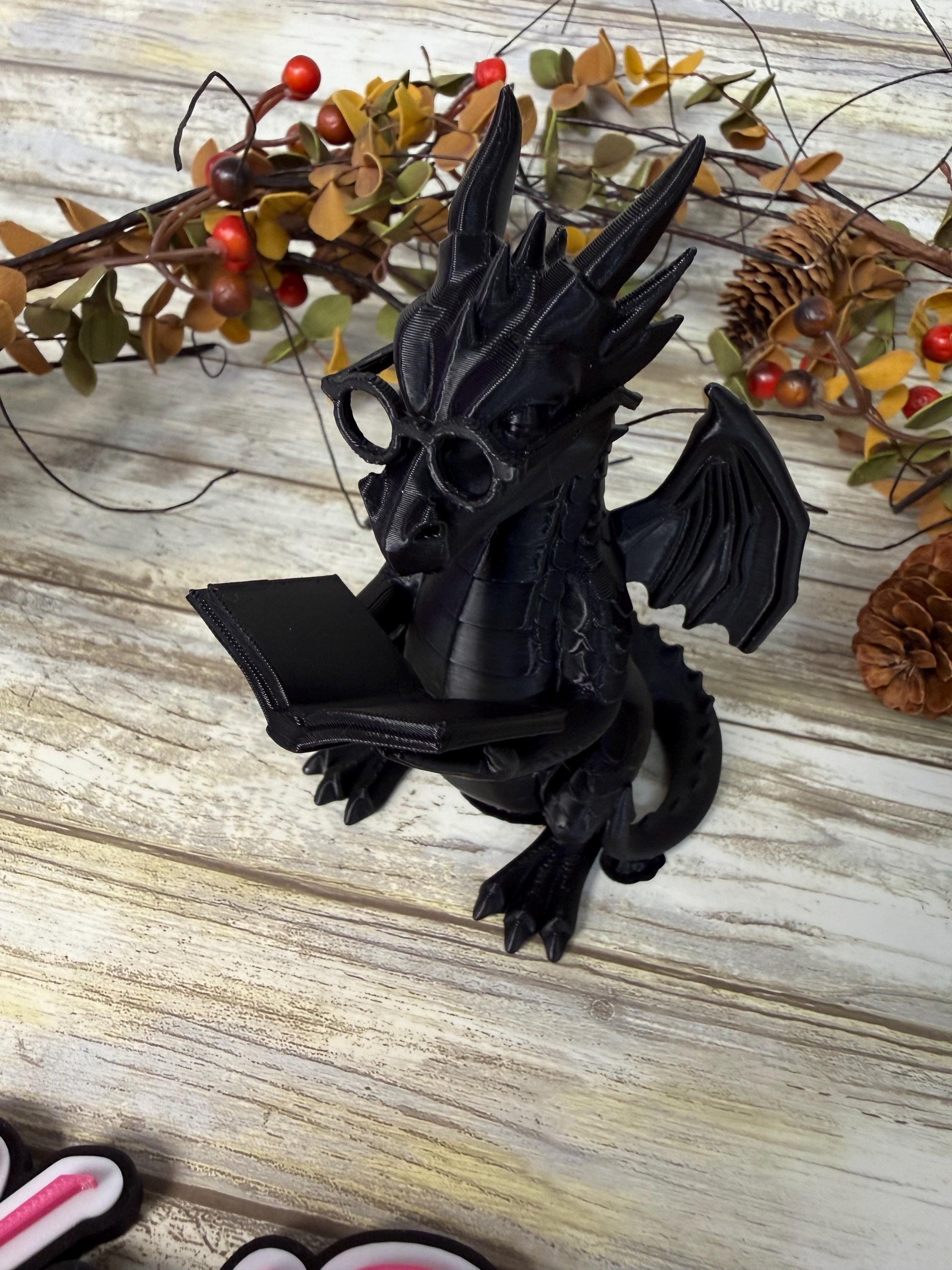 3D Dragon with glasses reading a book decoration. Ready to ship.
