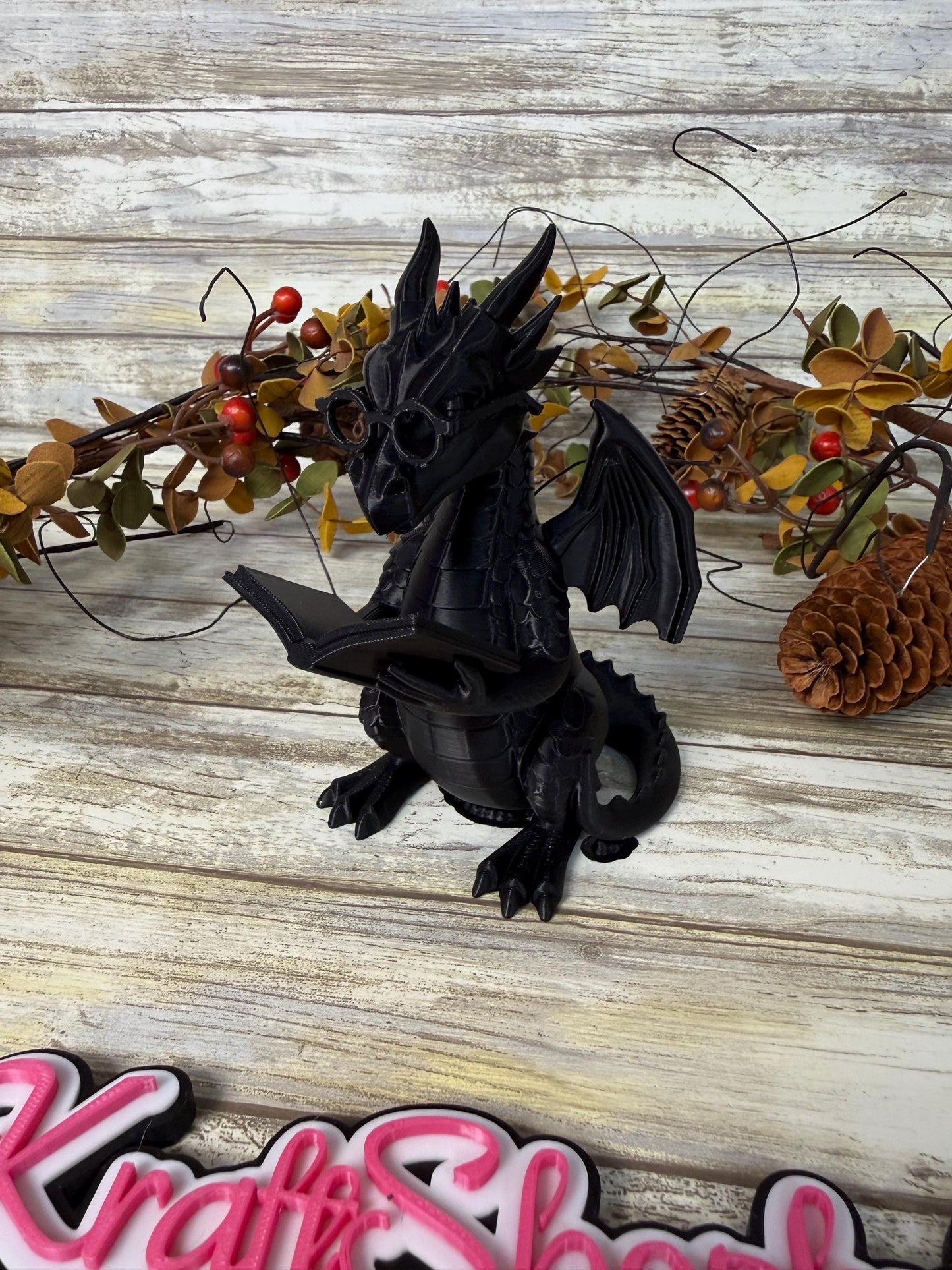 3D Dragon with glasses reading a book decoration. Ready to ship.