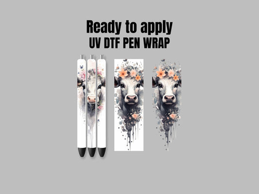 UV DTF Pen Wrap Ready To Apply Floral cow Bundle of 2 Uv Dtf Pen wraps with transparent or white background. #8037