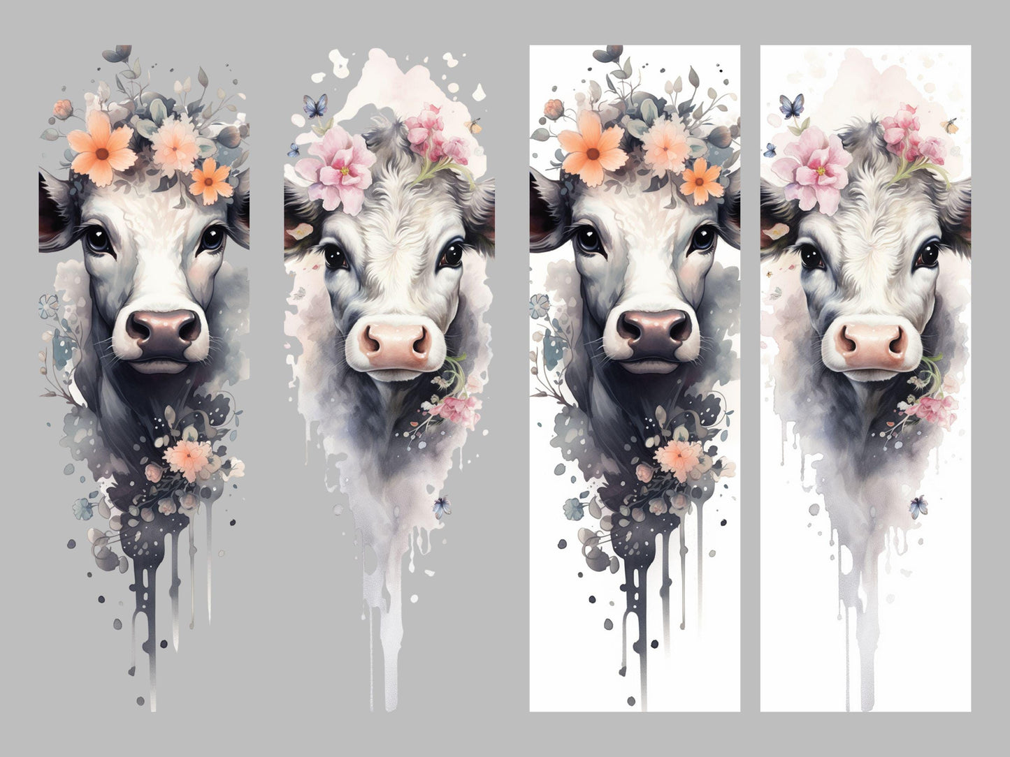 UV DTF Pen Wrap Ready To Apply Floral cow Bundle of 2 Uv Dtf Pen wraps with transparent or white background. #8037