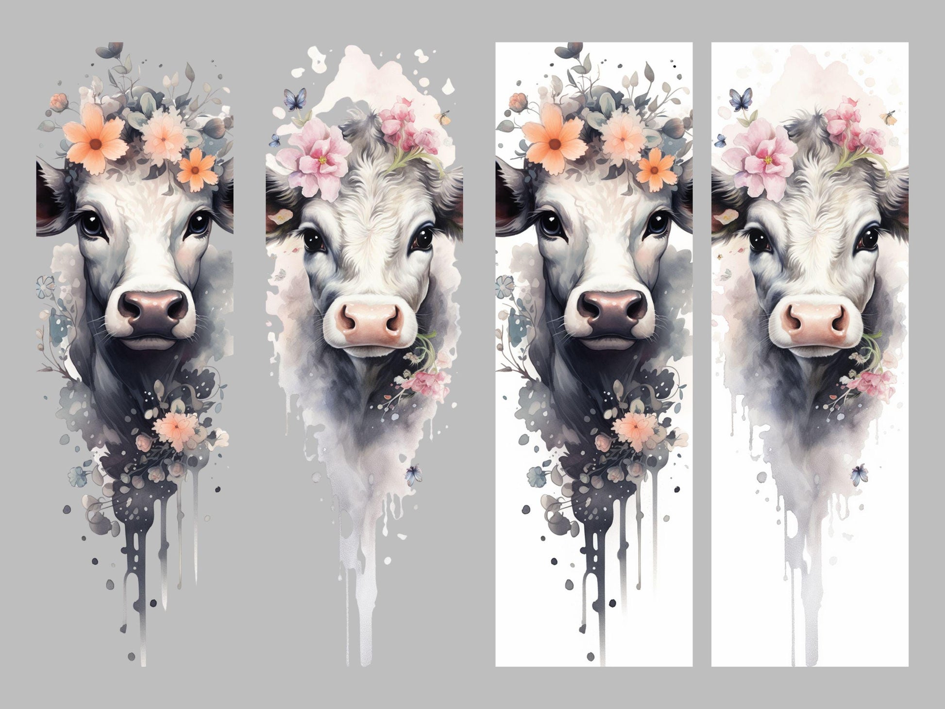 UV DTF Pen Wrap Ready To Apply Floral cow Bundle of 2 Uv Dtf Pen wraps with transparent or white background. #8037