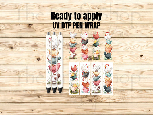 UV DTF Pen Wrap Ready To Apply Sticker Print. Chickens White or transparent backing Uv Pen wrap. #8040