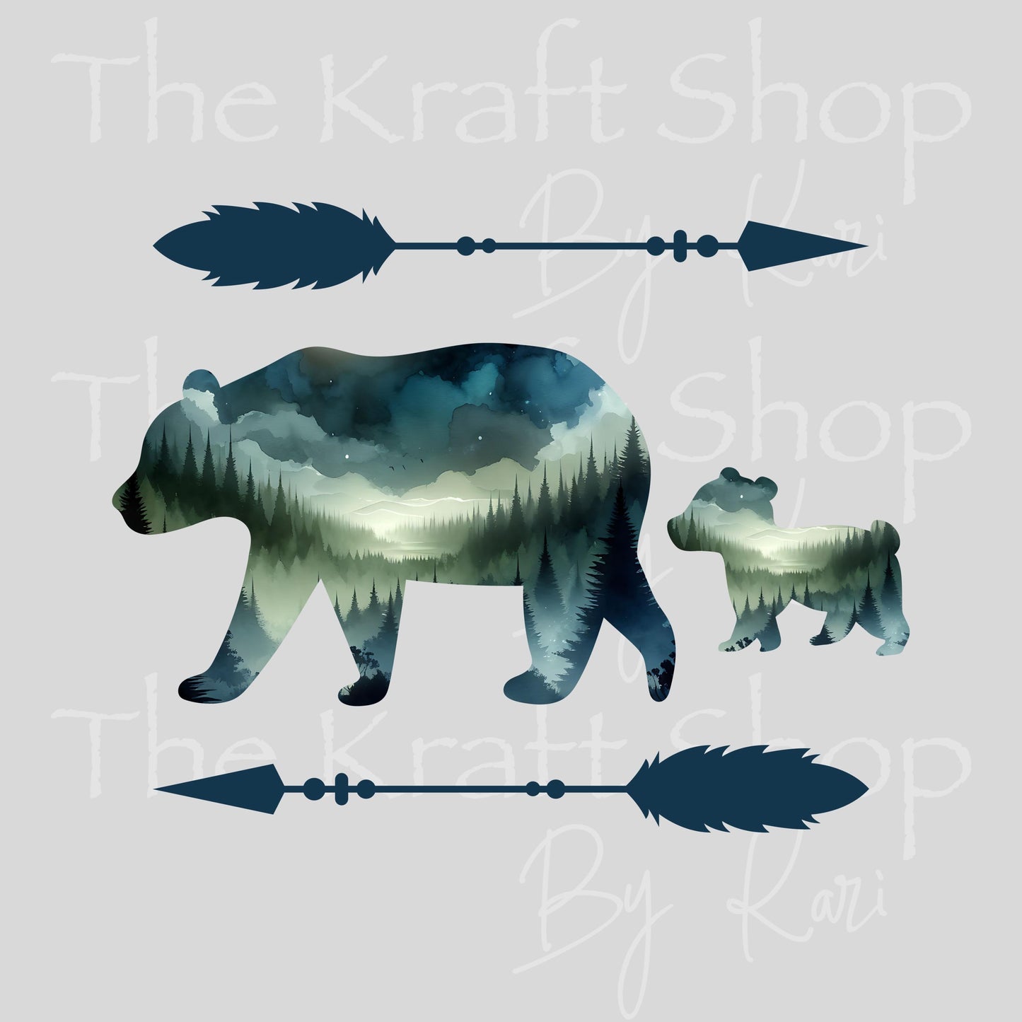 UV DTF Sticker print. Scenic Mama Bear baby and arrows look decal, tumbler decal, permanent sticker. #1099