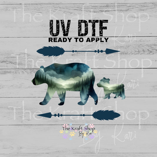 UV DTF Sticker print. Scenic Mama Bear baby and arrows look decal, tumbler decal, permanent sticker. #1099