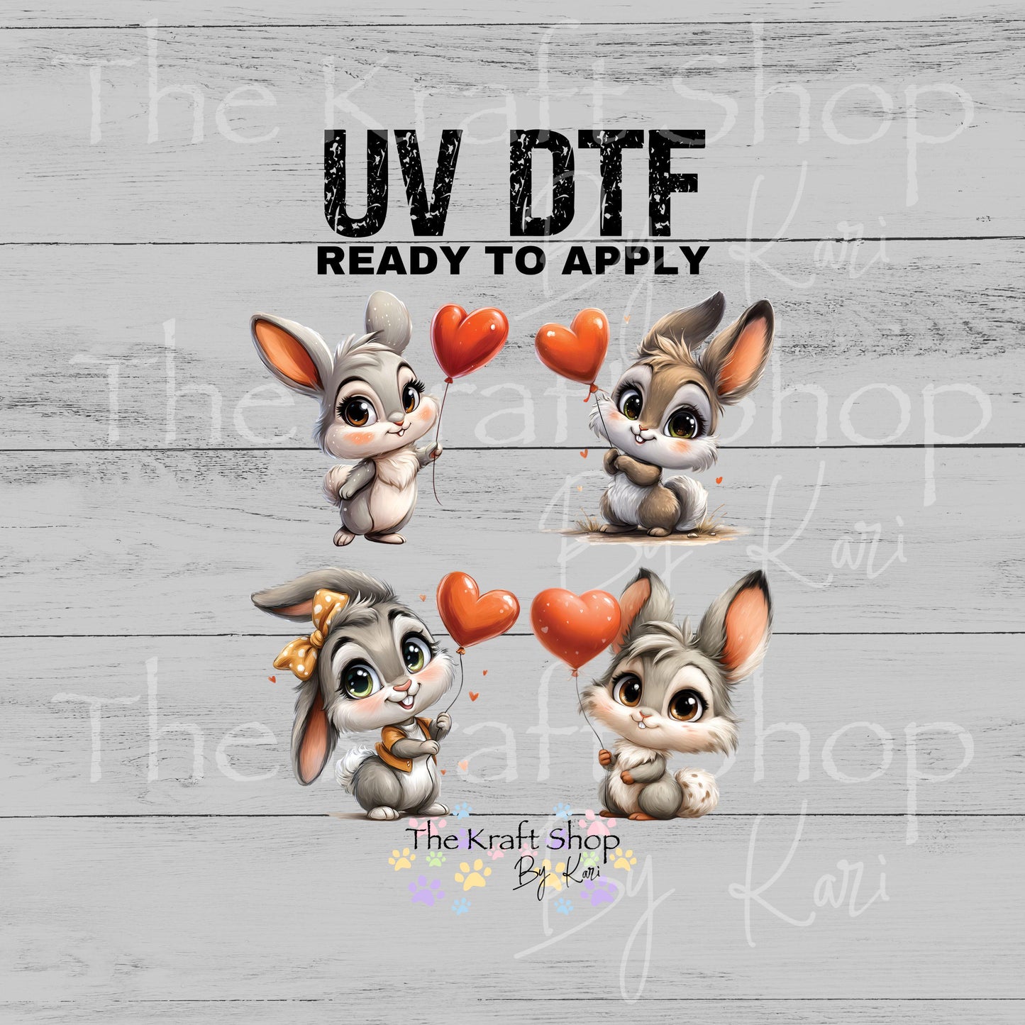 UV DTF Sticker print. Bunnies with balloons whimsical Easter 4pk of decals, tumbler decal, permanent sticker #7664