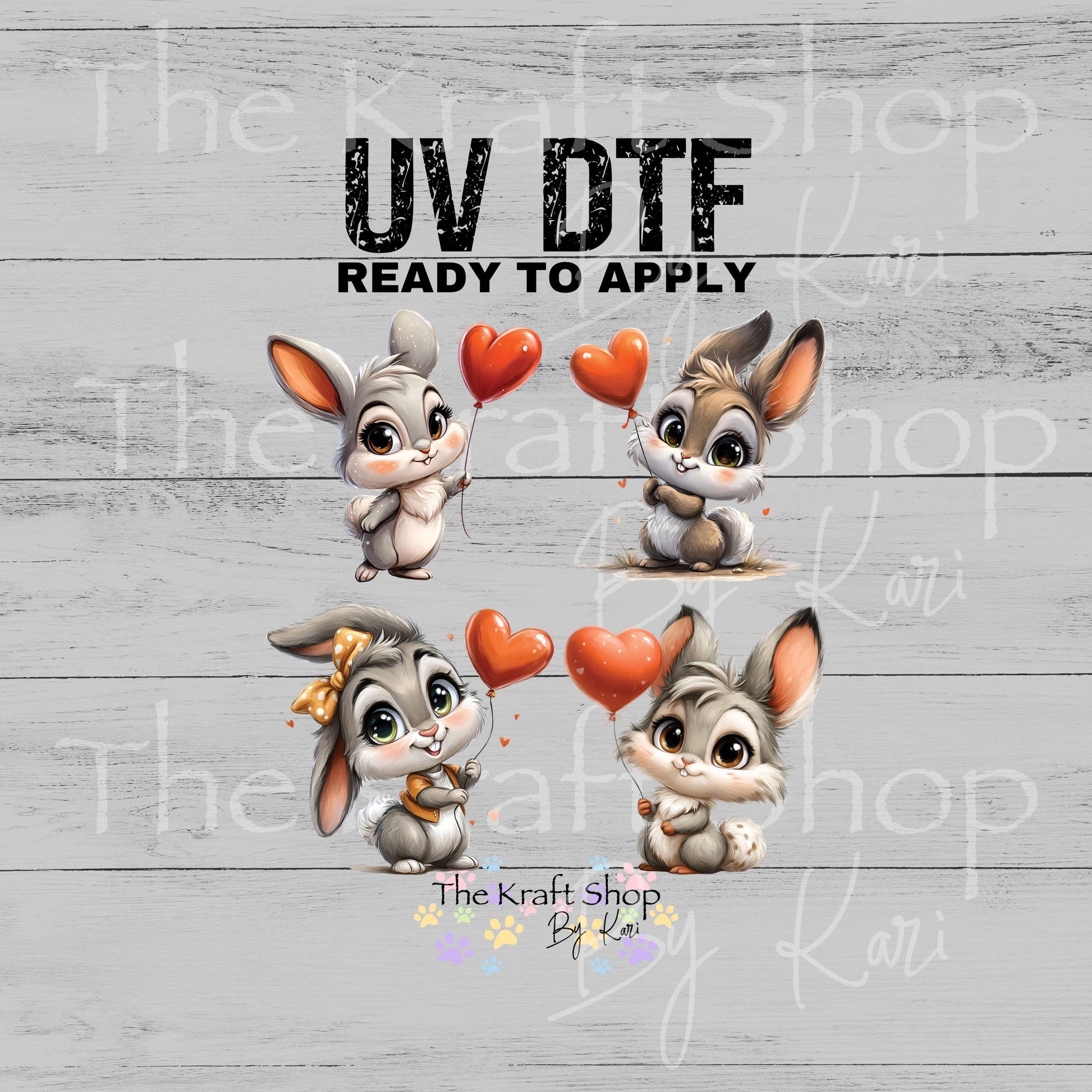 UV DTF Sticker print. Bunnies with balloons whimsical Easter 4pk of decals, tumbler decal, permanent sticker #7664