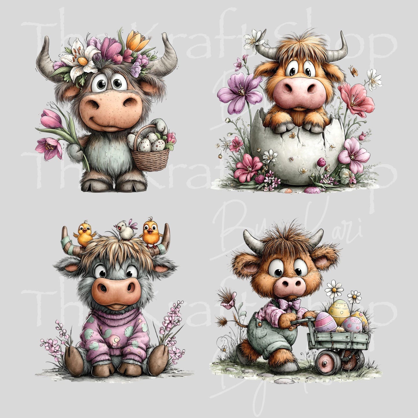 UV DTF Sticker print. Whimsical Easter Cow 4pk of decals, tumbler decal, permanent sticker #7666