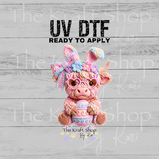 UV DTF Sticker print Yarn Easter Highland Cow with Eggs and bunny ears decal, tumbler decal, permanent sticker. #7667