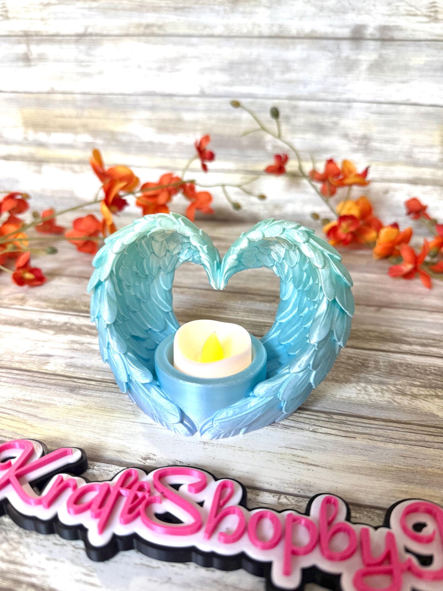 3D Ombre angel wings in a heart shape with tea light. Ready to ship.