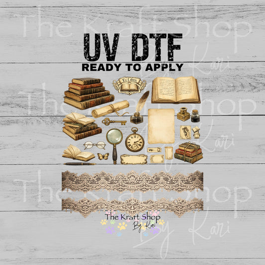 UV DTF Lace and books elements mixed media bundle of decals Element sheet 10x10 decal #7677