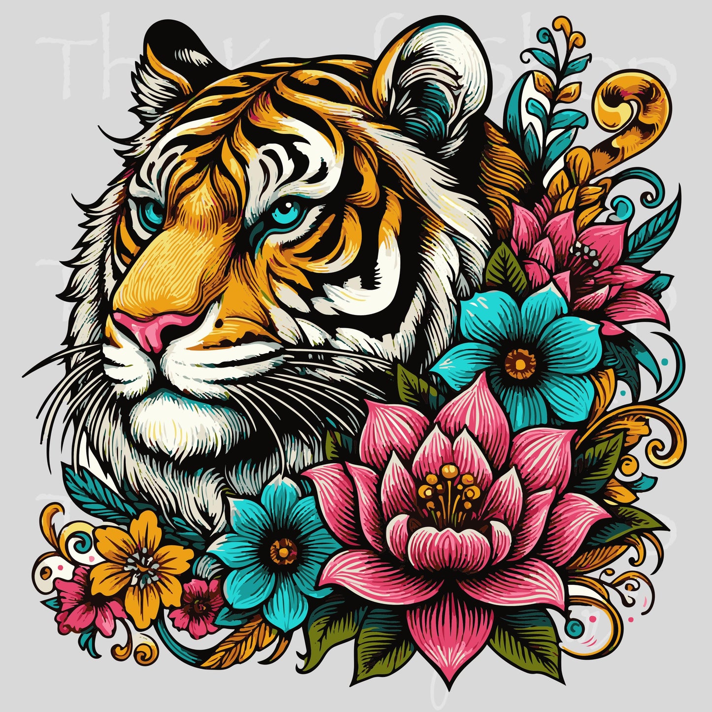 UV DTF Tiger Head with floral accents decal, tumbler decal, permanent sticker. #1103