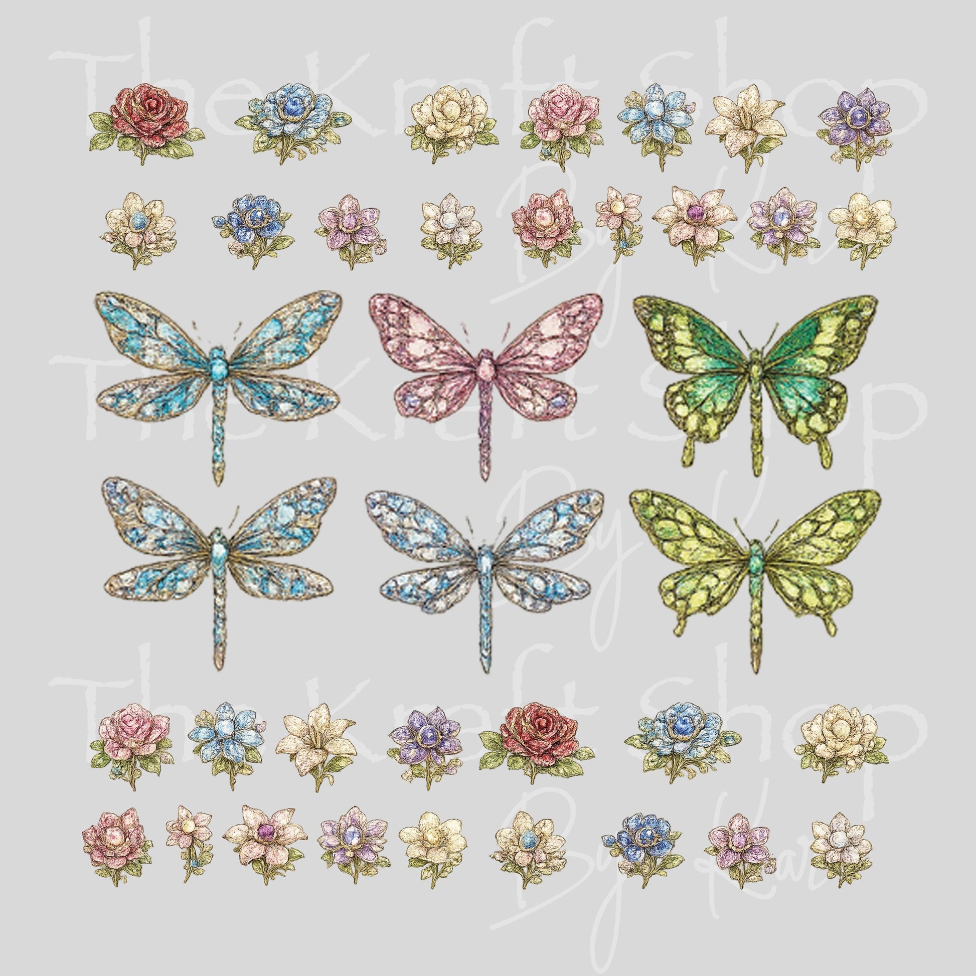 UV DTF Sticker print Jeweled Dragonfly and Flowers Element sheet 8x8 decal, tumbler decal, permanent sticker. #1097