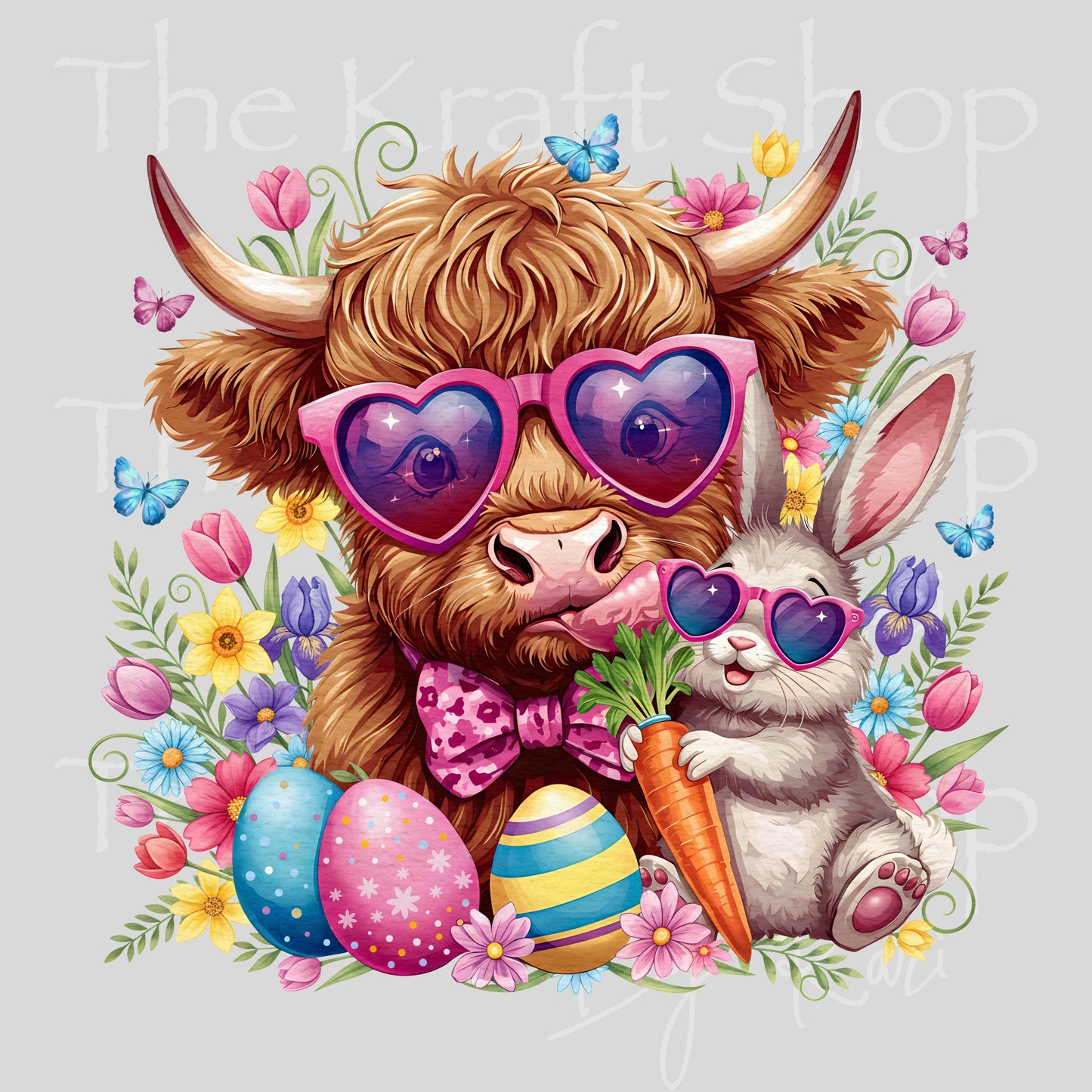 UV DTF Sticker print Easter Cow Bunny with Sunglasses, Flowers and Eggs colors decal, tumbler decal, permanent sticker. #7670