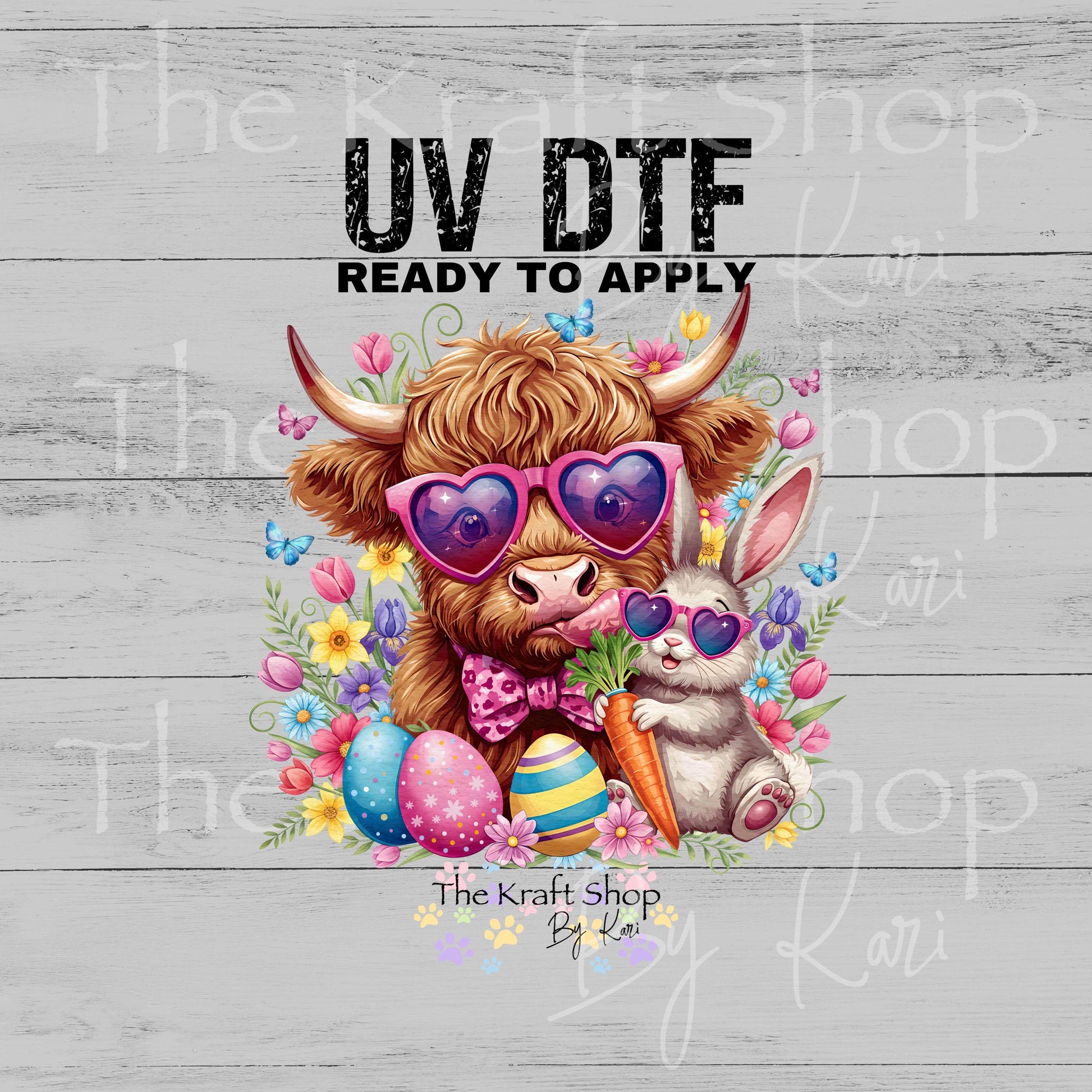 UV DTF Sticker print Easter Cow Bunny with Sunglasses, Flowers and Eggs colors decal, tumbler decal, permanent sticker. #7670