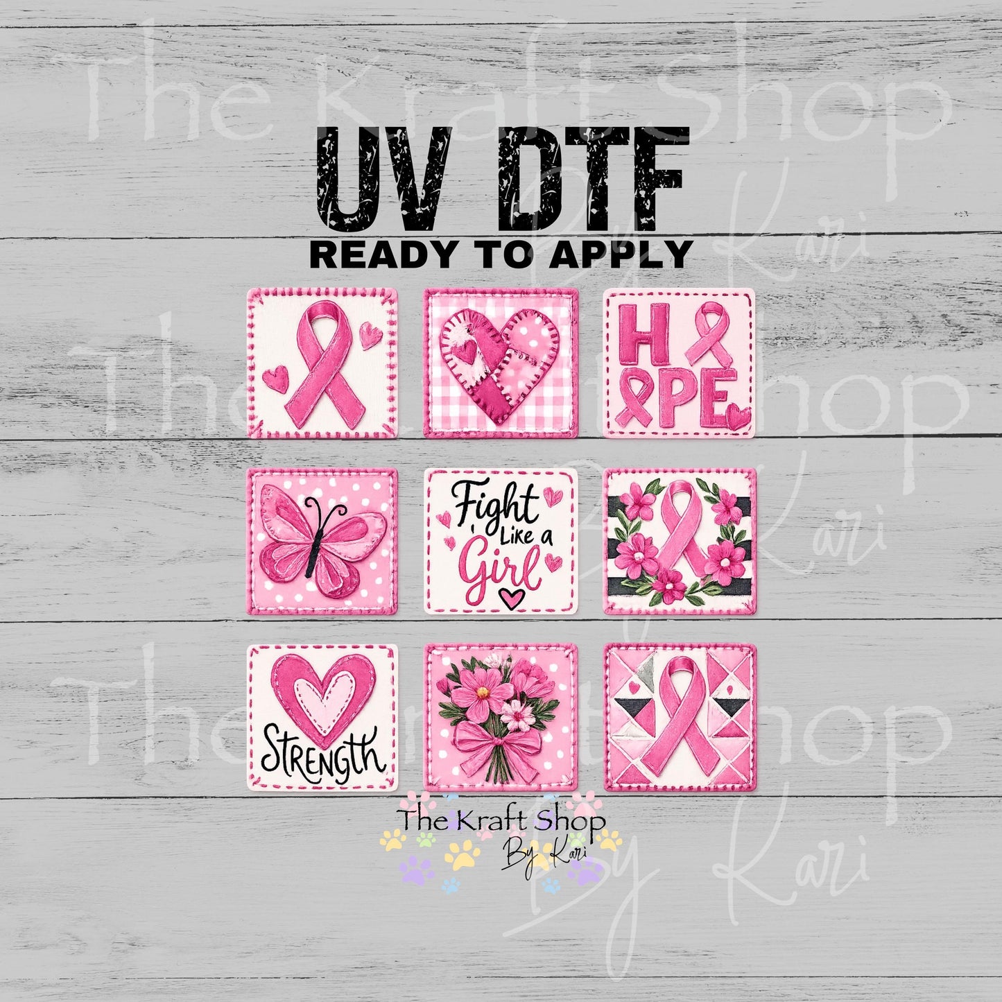 UV DTF Breast Cancer Patchwork mixed media Element sheet 8x8 decal #10433