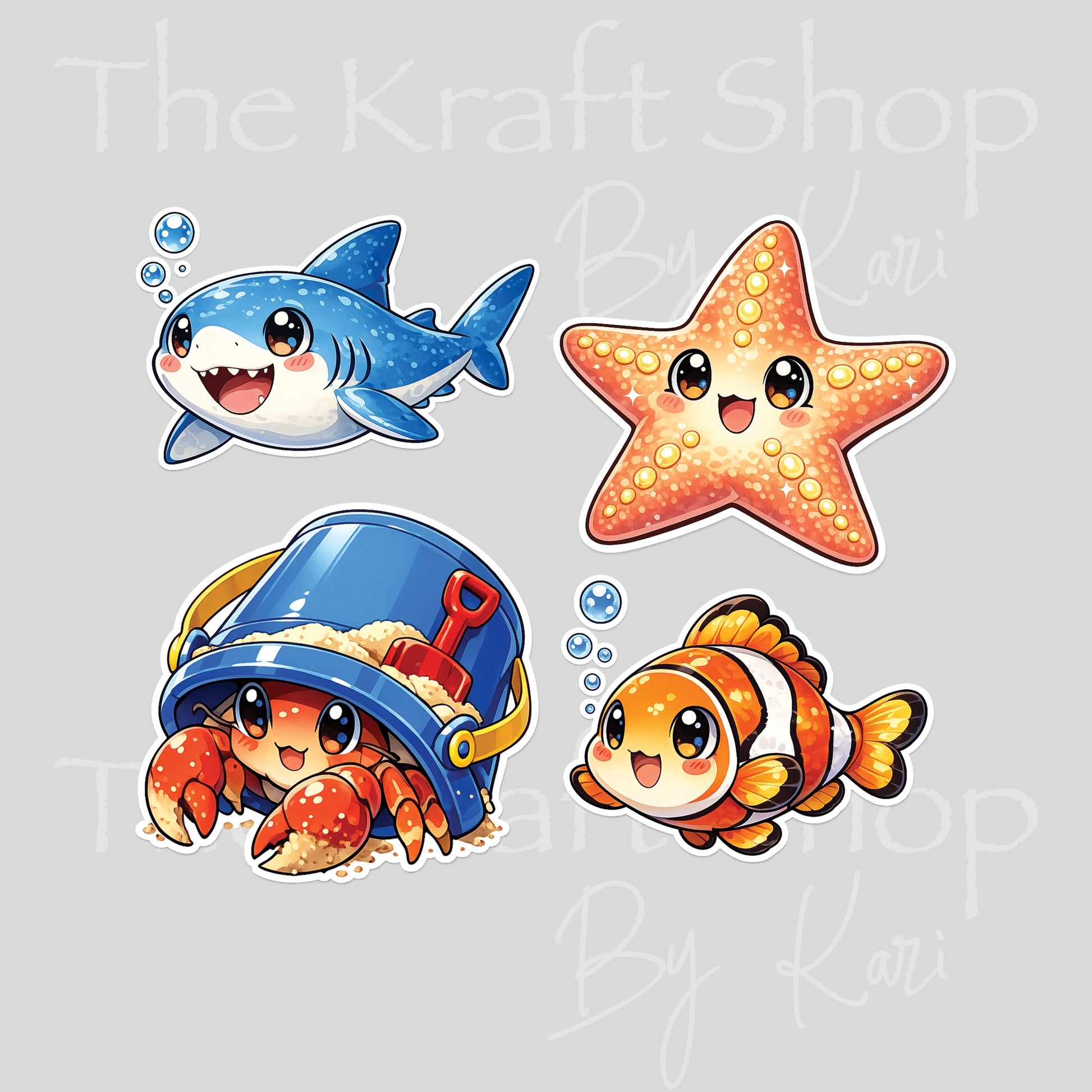 UV DTF Sticker prints. Cartoon Sea Creatures bundle of 4 decals, permanent sticker. UV wrap for glass can tumbler. #10438
