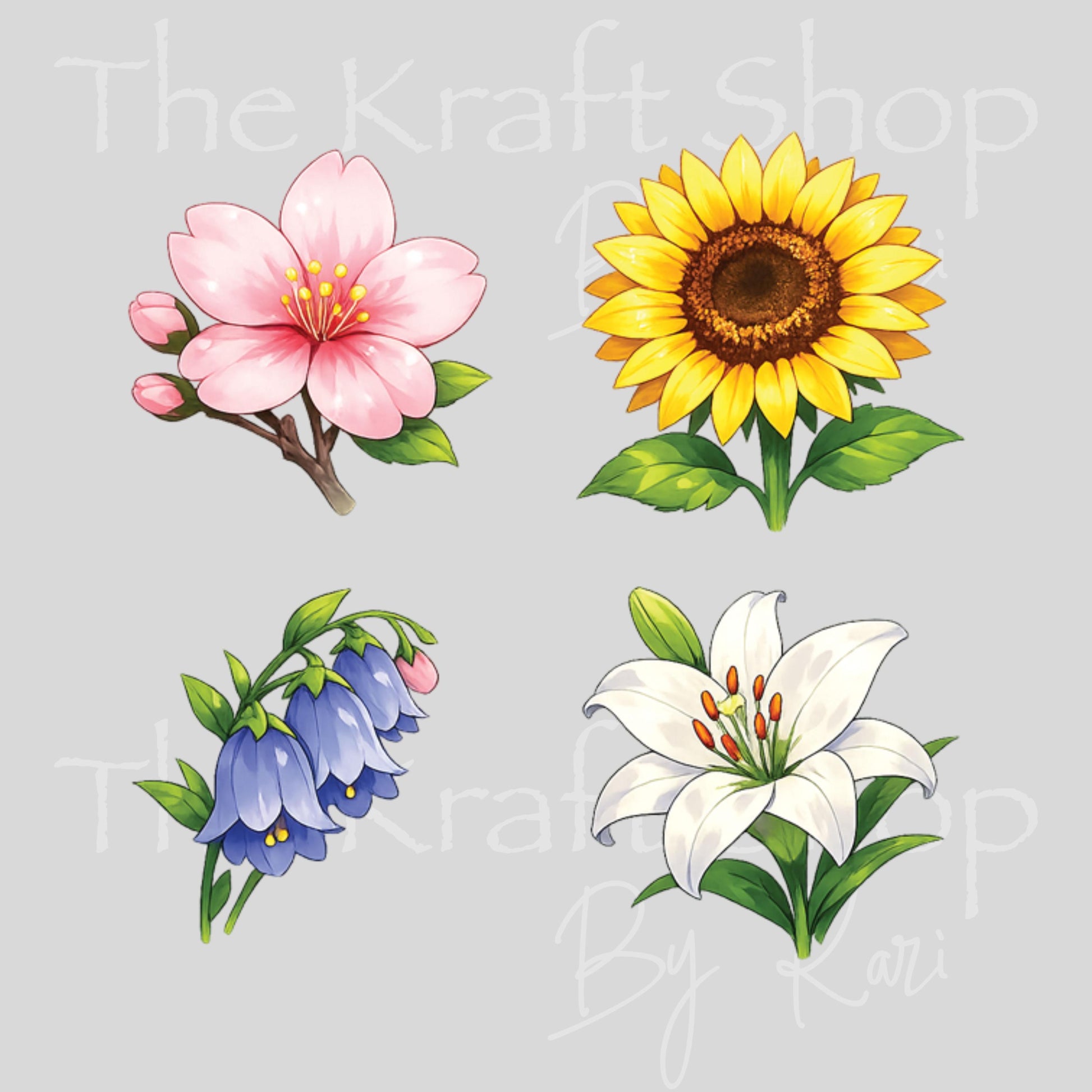 UV DTF Cute Flower Bundle of 4 Element sheet 8x8 decal #10439