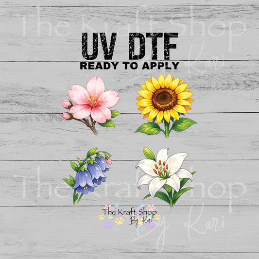 UV DTF Cute Flower Bundle of 4 Element sheet 8x8 decal #10439