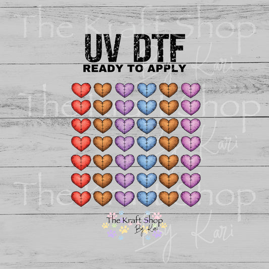 UV DTF Sticker print Patchwork hearts multicolored Element sheet 8x8 decal, tumbler decal, permanent sticker. #10421