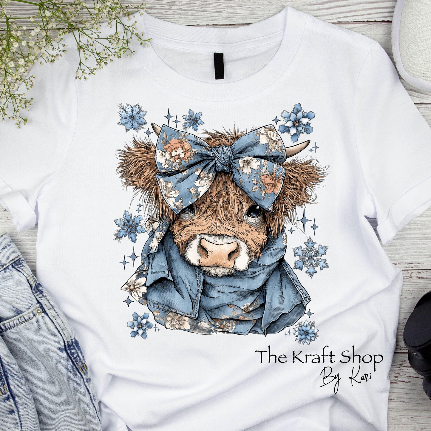 DTF ready to press transfer Denim Highland Cow shirt transfer, DTF Print #11612
