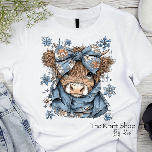 DTF ready to press transfer Denim Highland Cow shirt transfer, DTF Print #11612