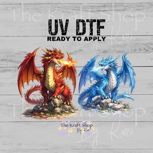 UV DTF Fire and Ice Dragons 2pk decals, tumbler decal, permanent sticker.#1105