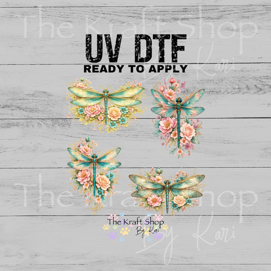 UV DTF Flowers and Dragonflies decals 4pk, permanent sticker.#1108