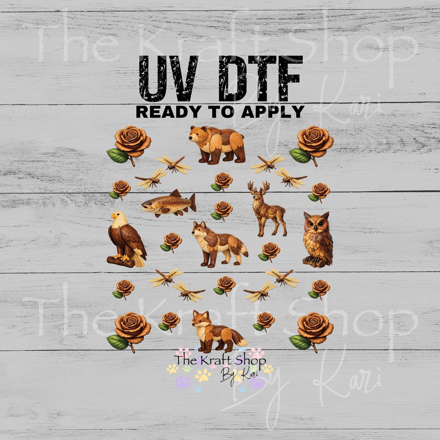 UV DTF Wooden Animals and Elements mixed media bundle of decals sheet 10x10 decal #1109