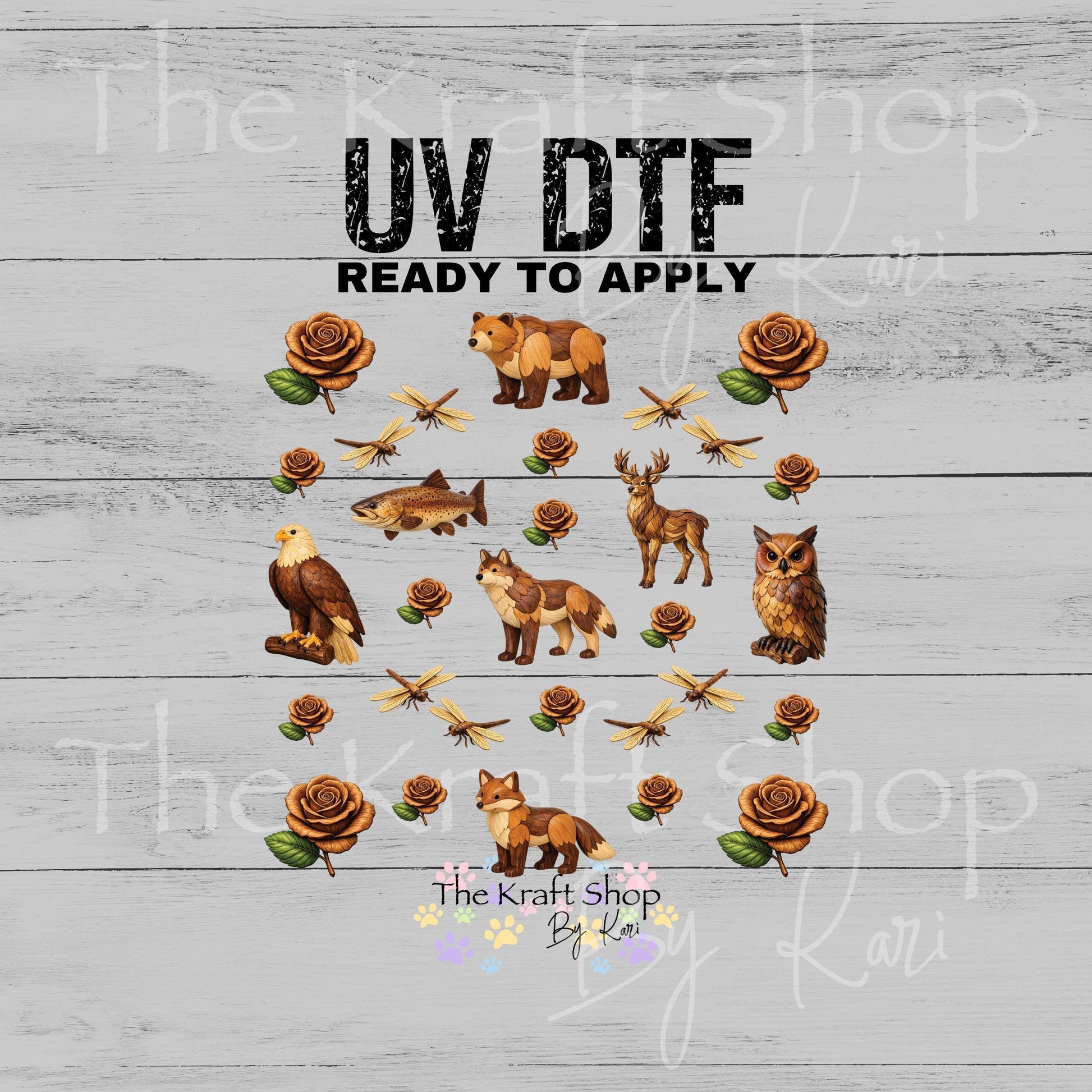 UV DTF Wooden Animals and Elements mixed media bundle of decals sheet 10x10 decal #1109