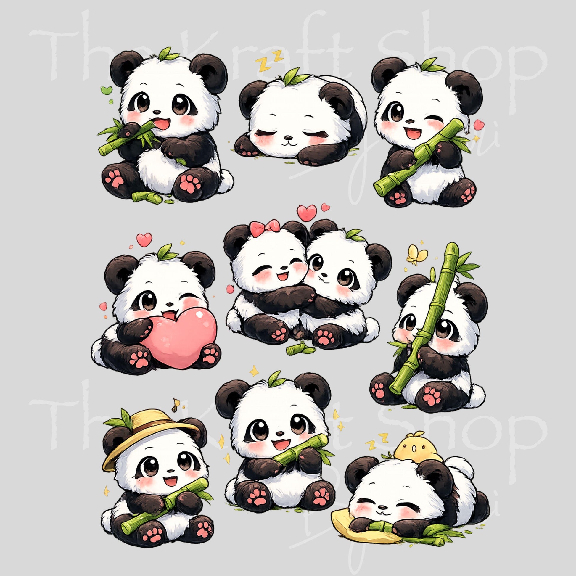 UV DTF Panda bamboo mixed media Element sheet 8x8 decal #1112