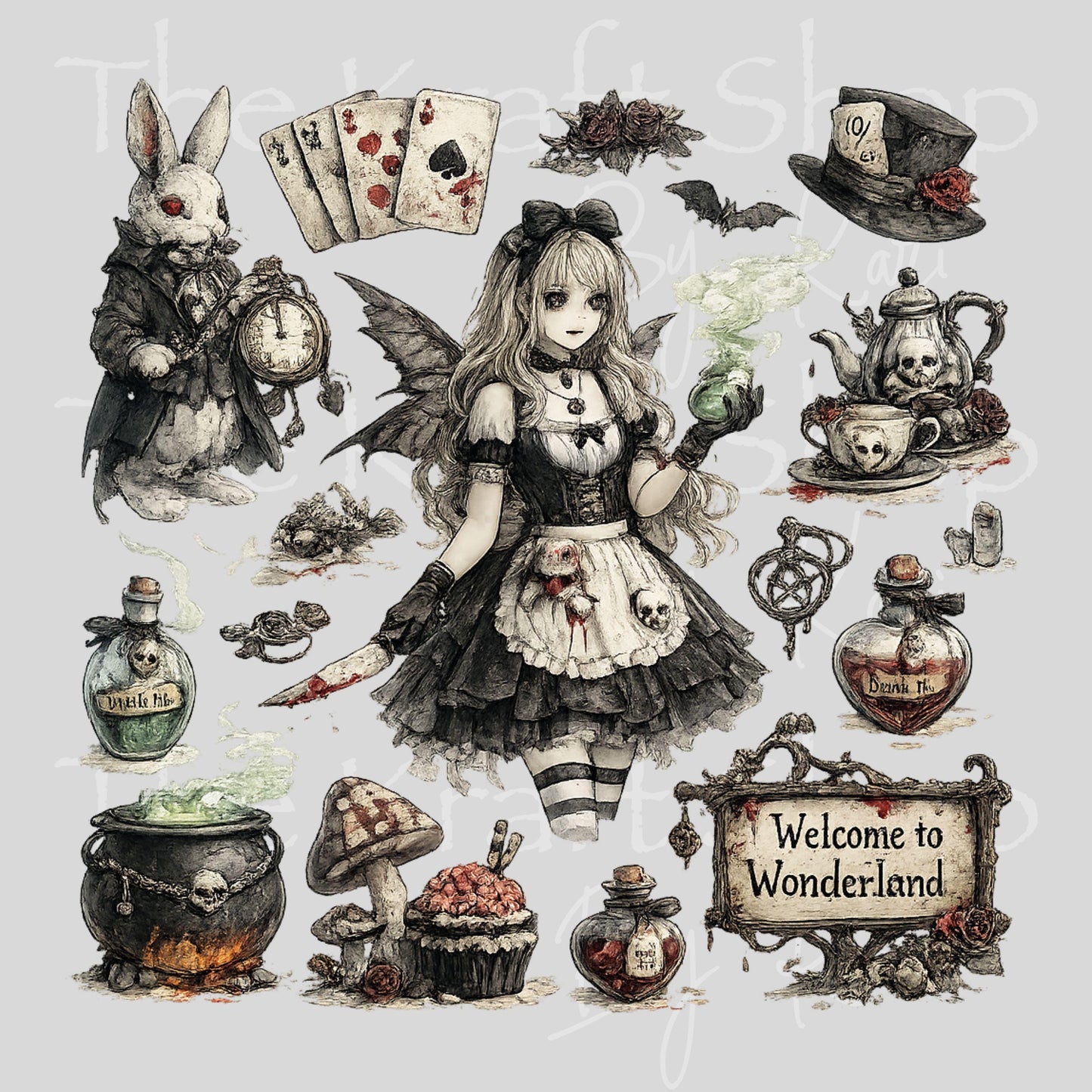 UV DTF Gothic Rabbit Alice elements mixed media bundle of decals Element sheet 10x10 decal #7675