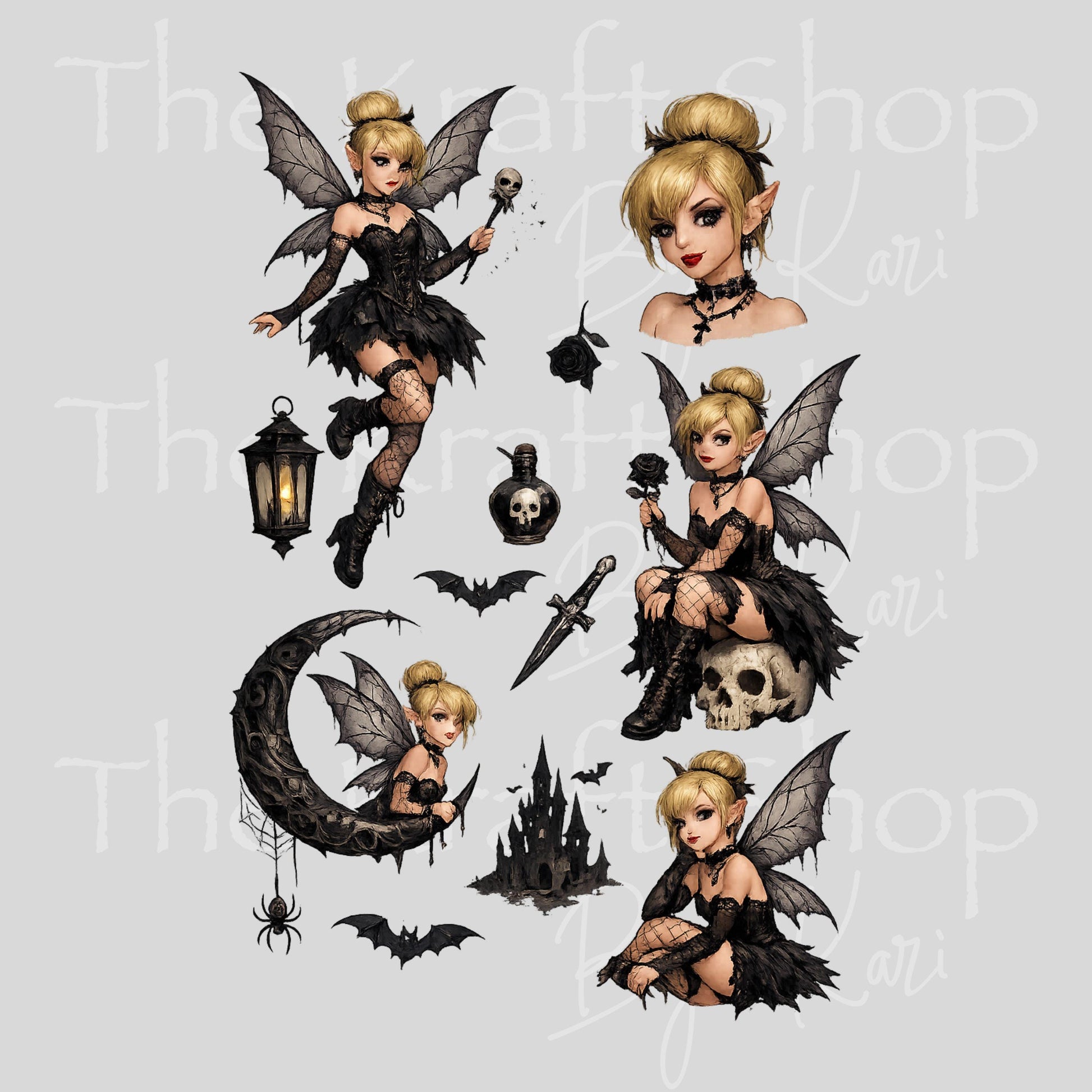 UV DTF Gothic Fairy mixed media Element sheet 10x6.5 decal #10427
