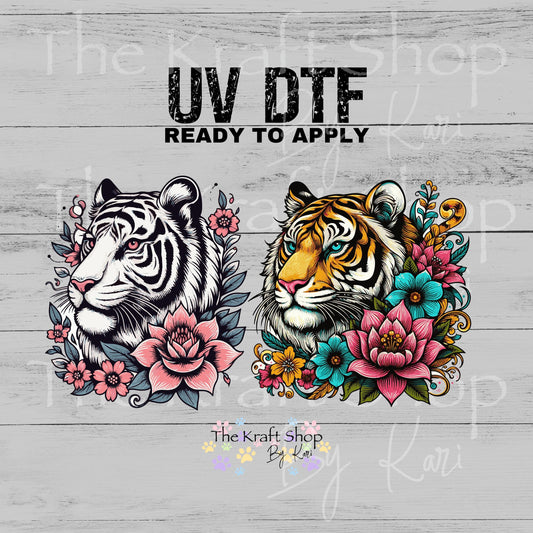 UV DTF Tiger Head with floral accents decal, tumbler decal, permanent sticker. #1103