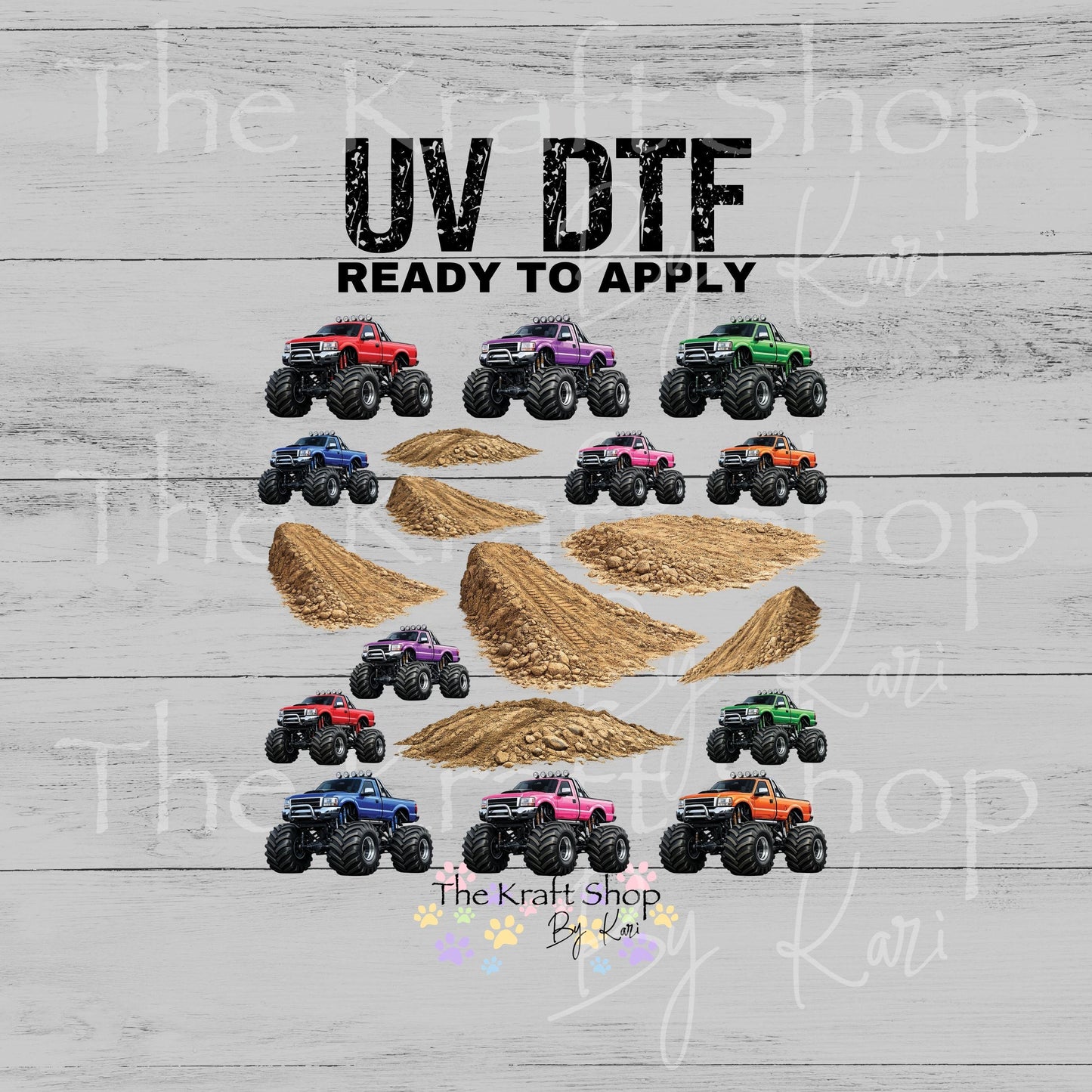 UV DTF Monster Truck Dirt Elements mixed media bundle of decals sheet 10x10 decal #10456