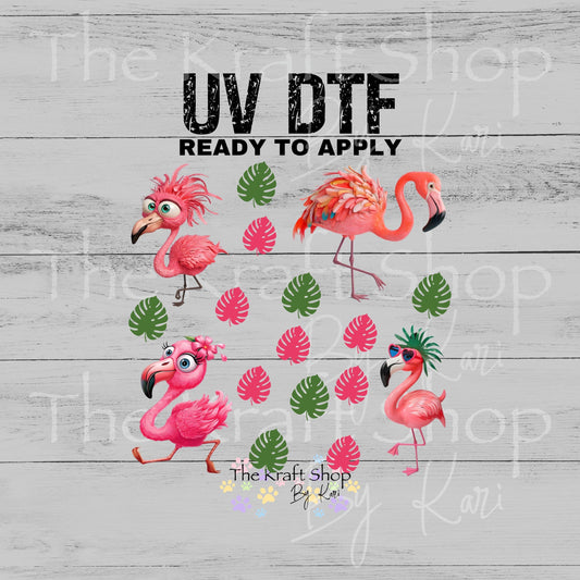 UV DTF Flamingo and Monstera Funny mixed media Element sheet 8x8 decal #1116