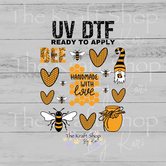 UV DTF Made with love honeycomb bees and gnome mixed media Element sheet 8x8 decal #4630