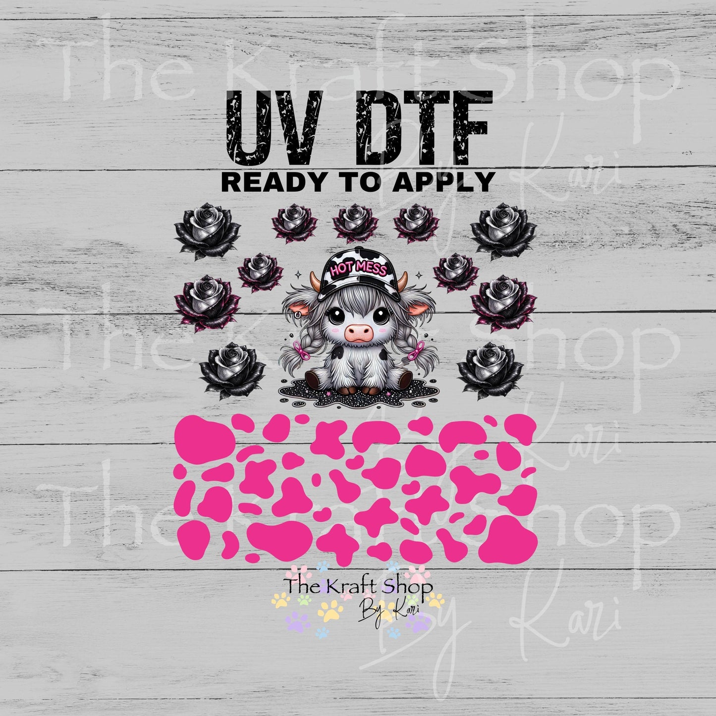 UV DTF Hot Mess Heifer Hot Pink Spots Elements mixed media bundle of decals sheet 10x10 decal #10459