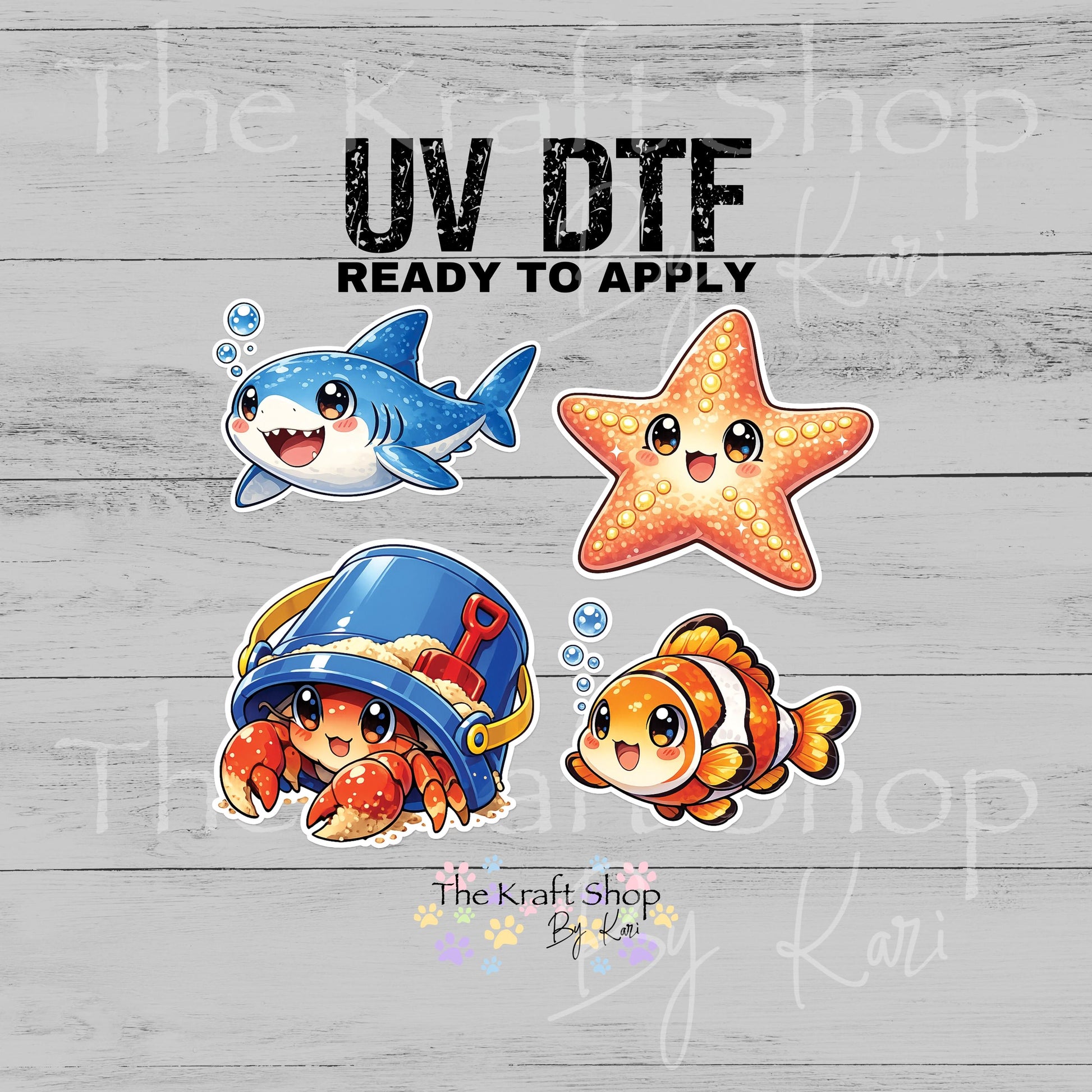UV DTF Sticker prints. Cartoon Sea Creatures bundle of 4 decals, permanent sticker. UV wrap for glass can tumbler. #10438