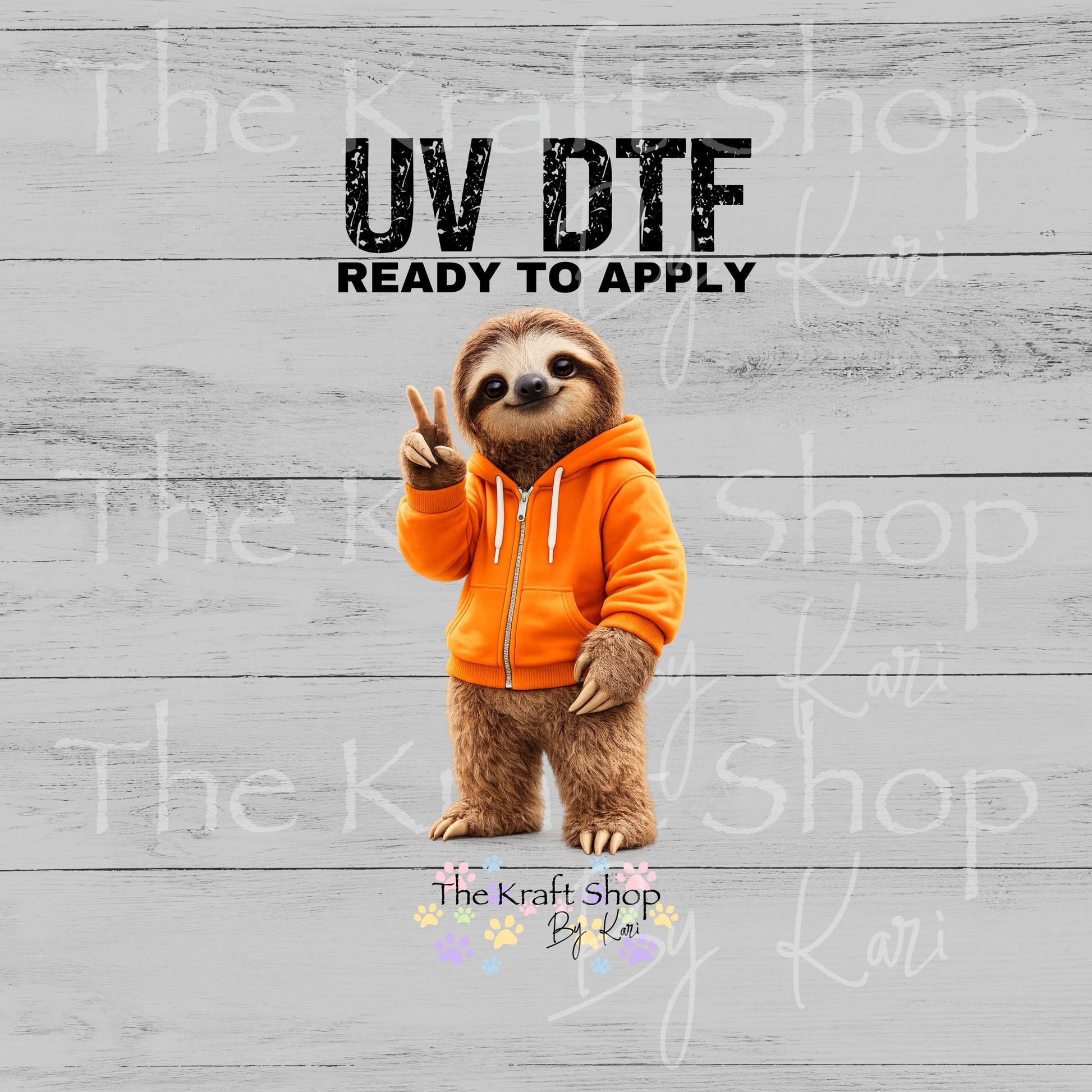 UV DTF Orange Sweatshirt Sloth Peace Sign decal #1121