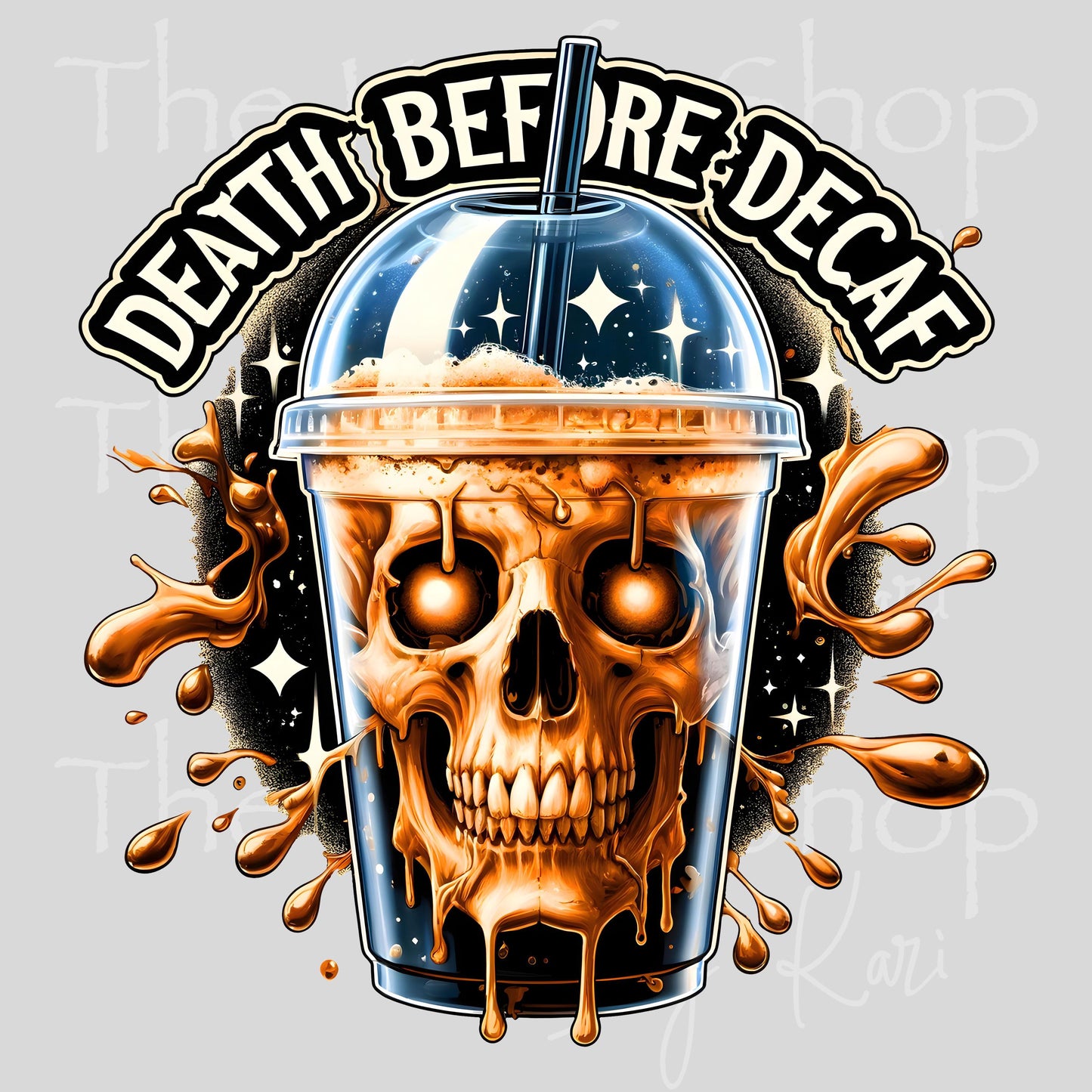 UV DTF Death before decaf iced coffee skull decal #4638