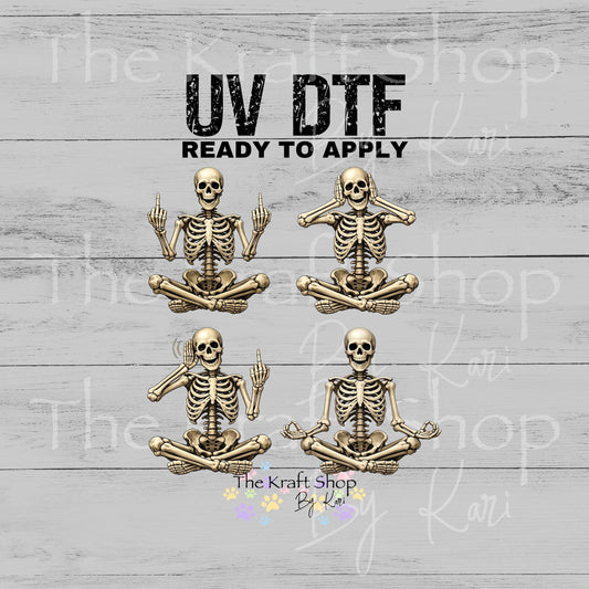 UV DTF Sarcastic skeleton meditating or middle fingers decals 4pk, permanent sticker.#4641