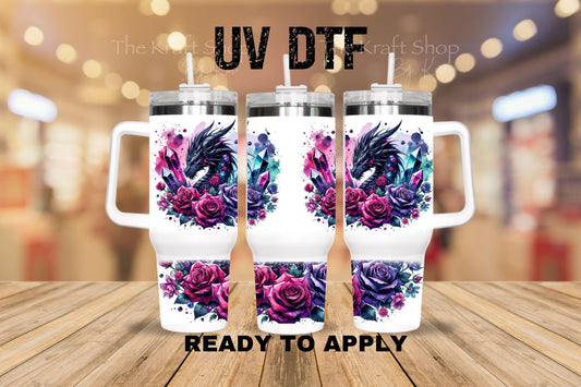 UV DTF 40 oz ready to apply Pink Floral Dragons wrap decal , quencher tumbler decal #3201