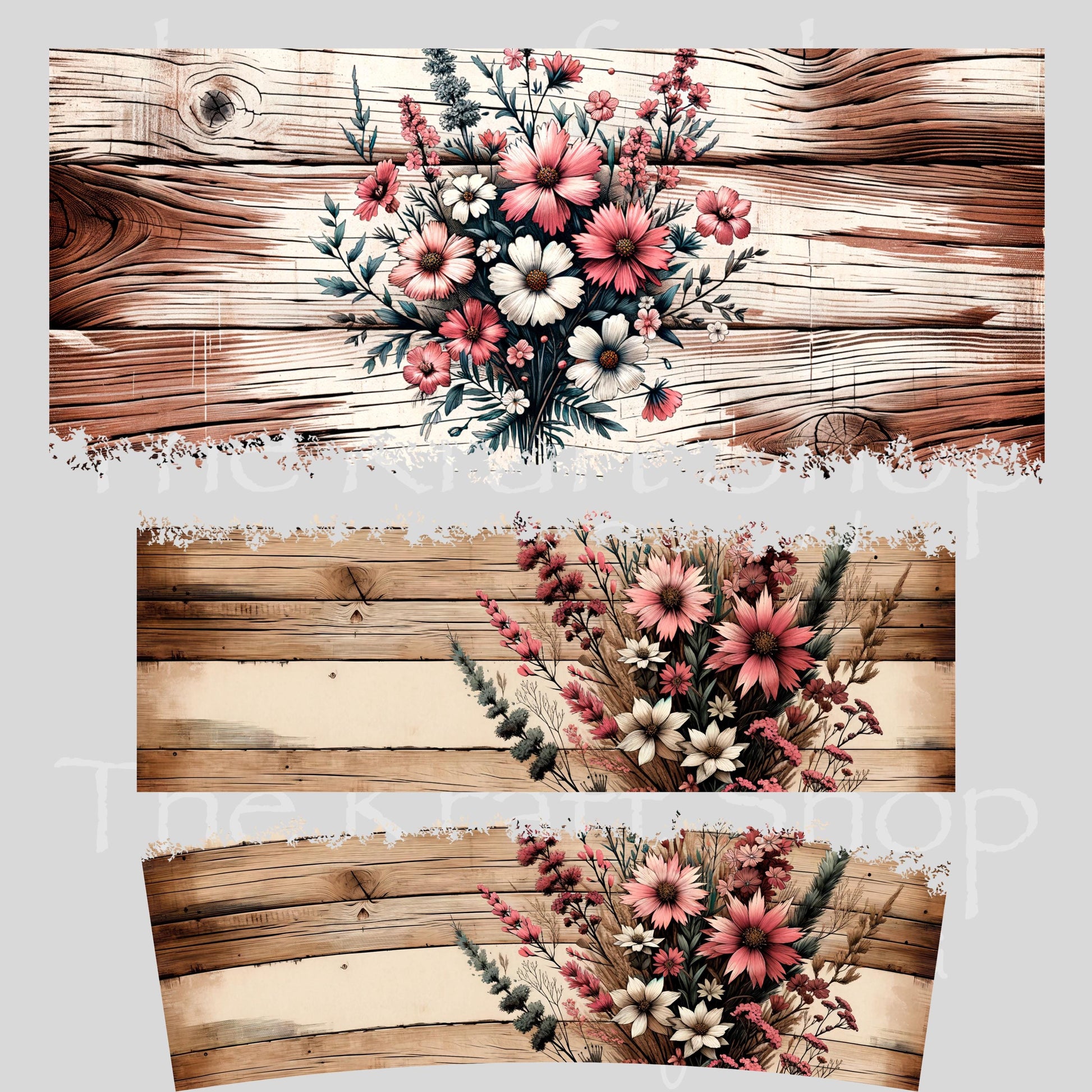 UV DTF 40 oz ready to apply Distressed wood plank pink flowers wrap decal , quencher tumbler decal #3202