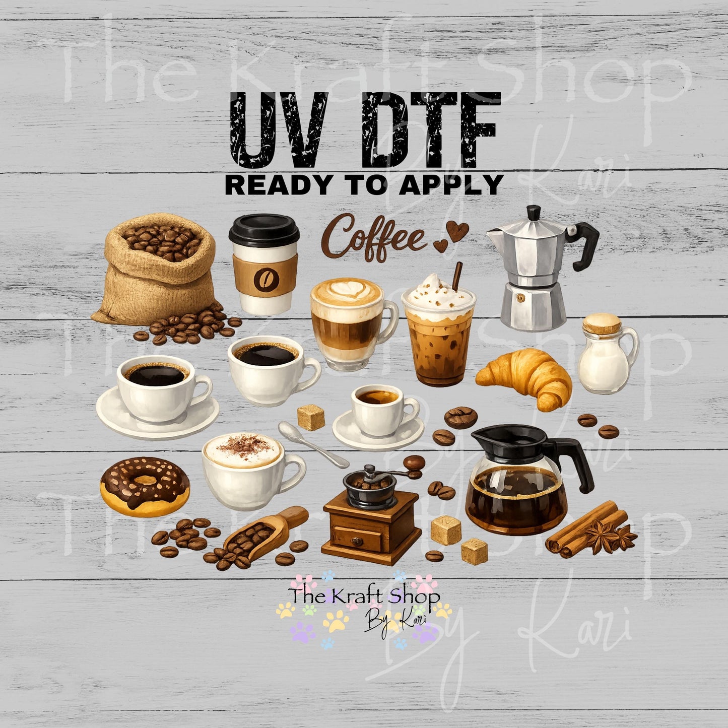 UV DTF Sticker print Coffee time mixed media Element sheet 10x6.7 decal #10388