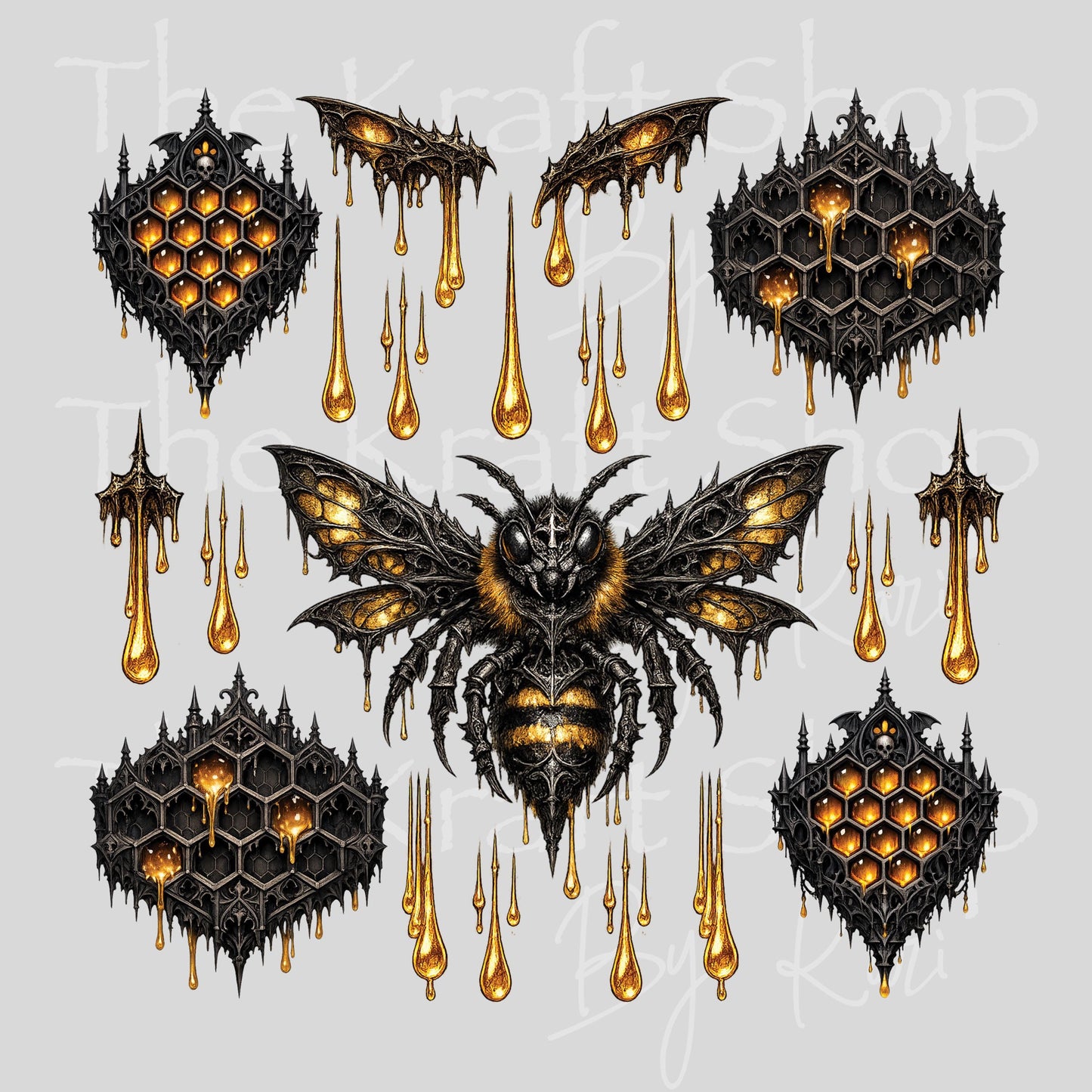 UV DTF Sticker print Gothic bee honeycomb honey drip mixed media Element sheet 8x8 decal #1126