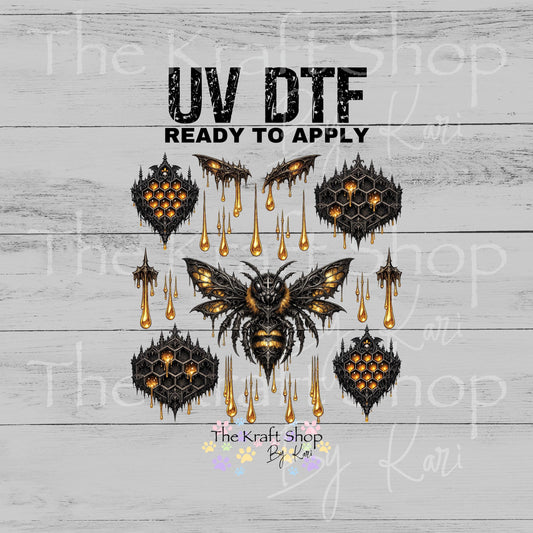 UV DTF Sticker print Gothic bee honeycomb honey drip mixed media Element sheet 8x8 decal #1126