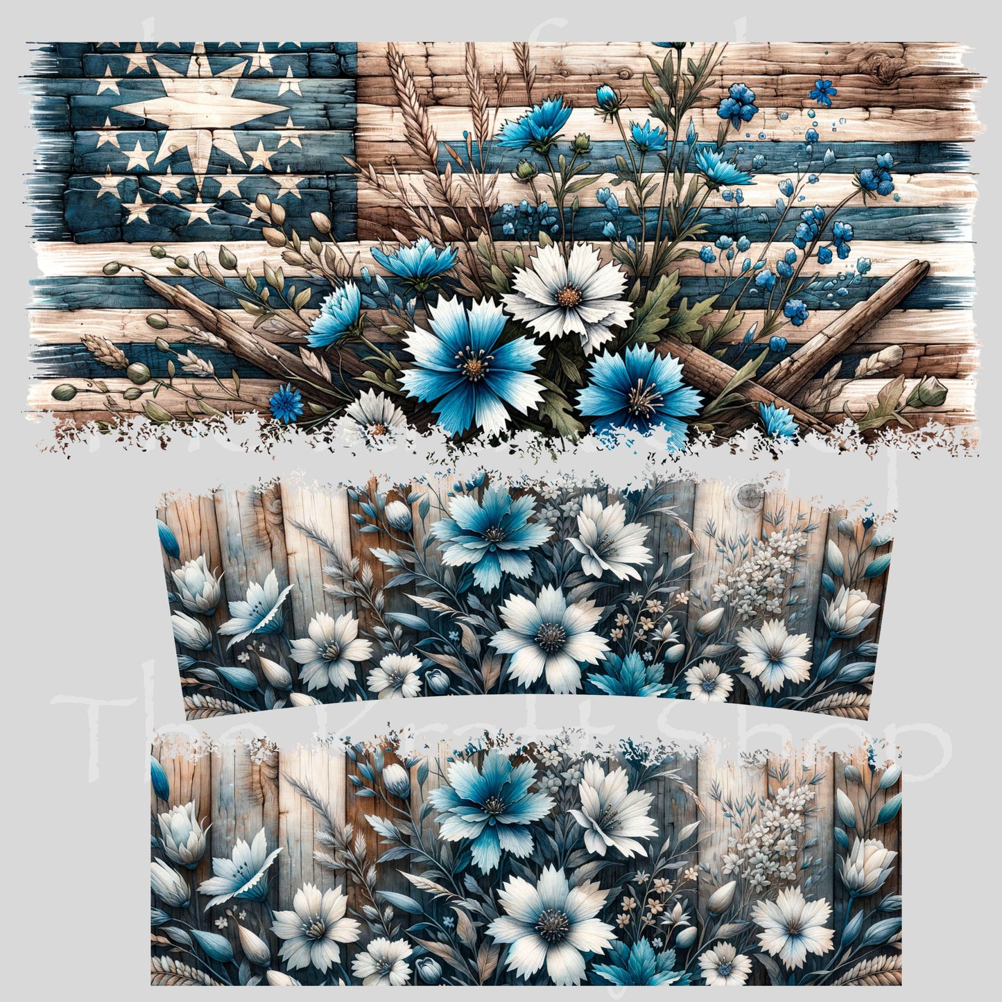UV DTF 40 oz ready to apply Distressed Blue Flowers wood plank wrap decal , quencher tumbler decal #3203