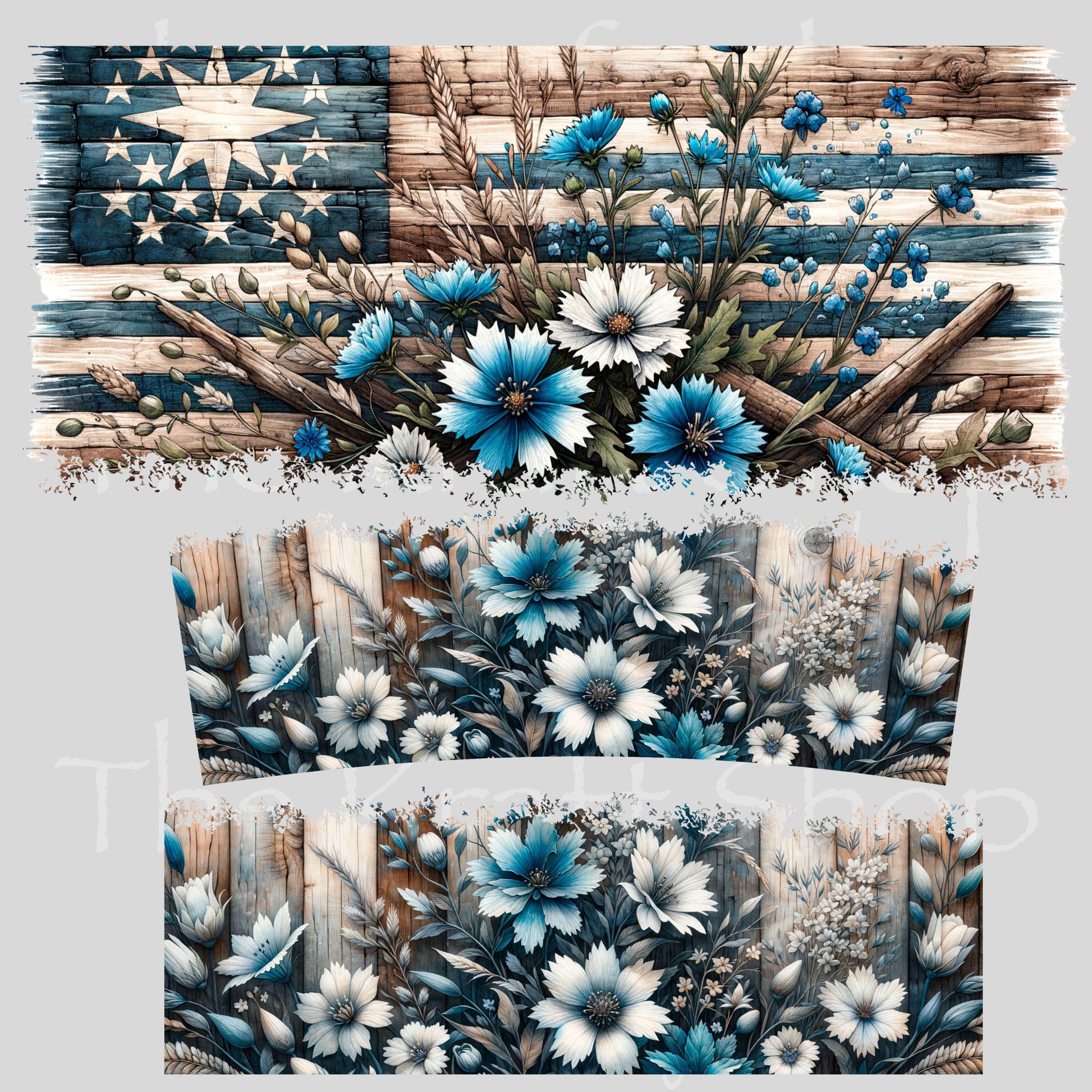 UV DTF 40 oz ready to apply Distressed Blue Flowers wood plank wrap decal , quencher tumbler decal #3203