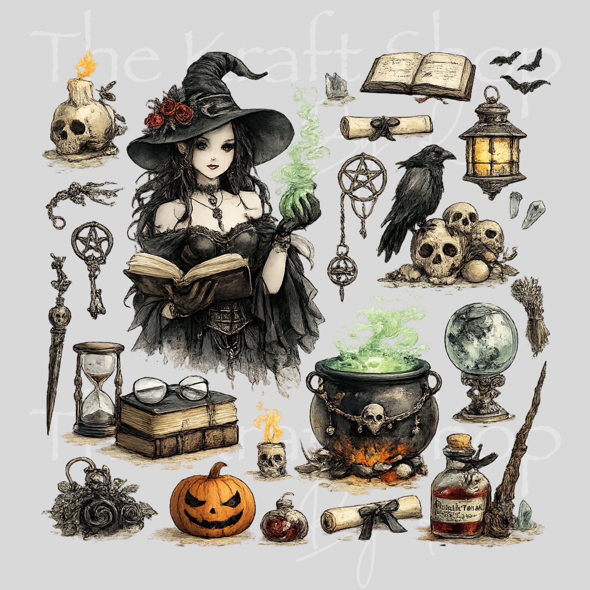 UV DTF Gothic Witch elements mixed media bundle of decals Element sheet 10x10 decal #7678