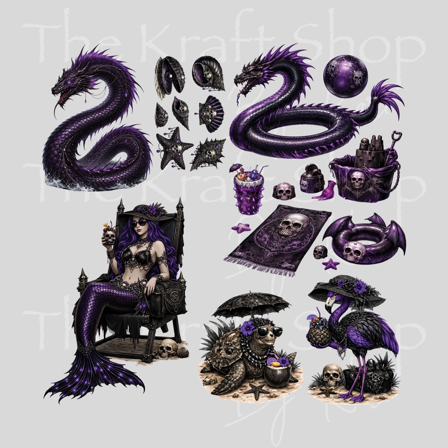 UV DTF Sticker print Gothic Summer with skulls and mermaids Element sheet 8x8 decal #4612